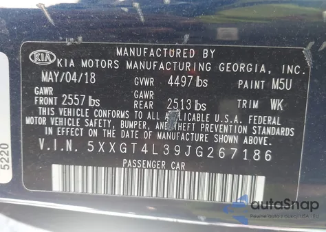 2018 Kia Optima Lx из США, поврежденный, VIN 5XXGT4L39JG267186